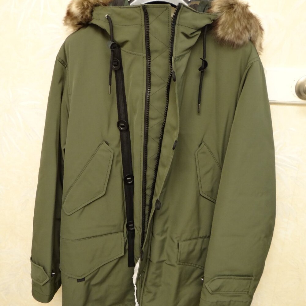 NEW COACH 3-IN-1 DOWN PARKA WITH SHEARLING HOOD; OLIVE with Camo lining MSRP $12